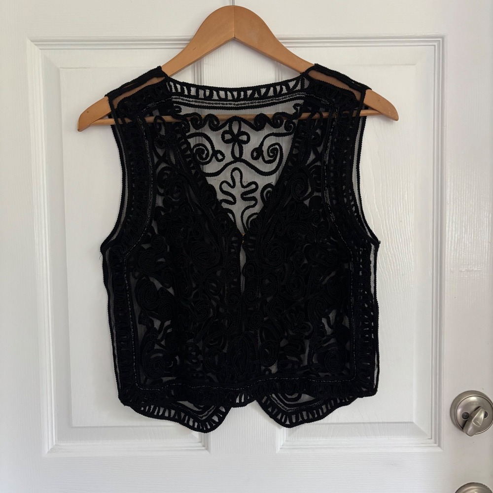 Soutache Beaded Mesh Vest Womens M Black Excellent Vintage Style Boho - Picture 3 of 5